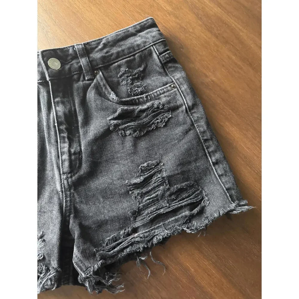 Topshop Moto Black High Waisted Mom Denim Shorts Distressed Cut Off Size 2